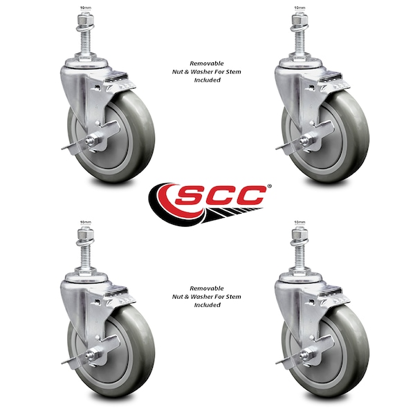 5 Inch Gray Polyurethane Swivel 10mm Threaded Stem Caster Set with Brake SCC
